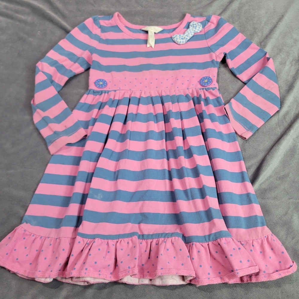 Matilda Jane Kids Pink Blue Striped Long Sleeve Ruffle Dress Size 4 24032D
